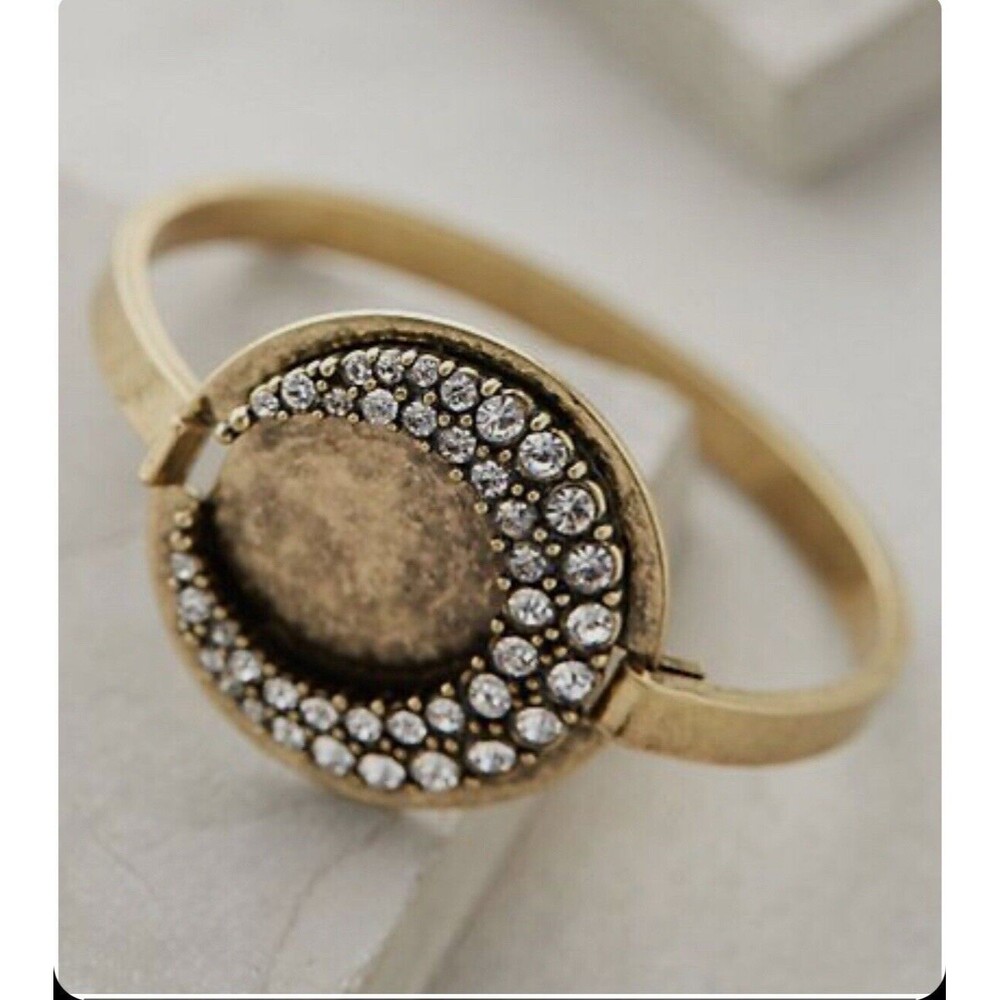 Anthropologie Half Moon Bangle Bracelet Size 6.5 Gold Tone W/Crystal Rare Find